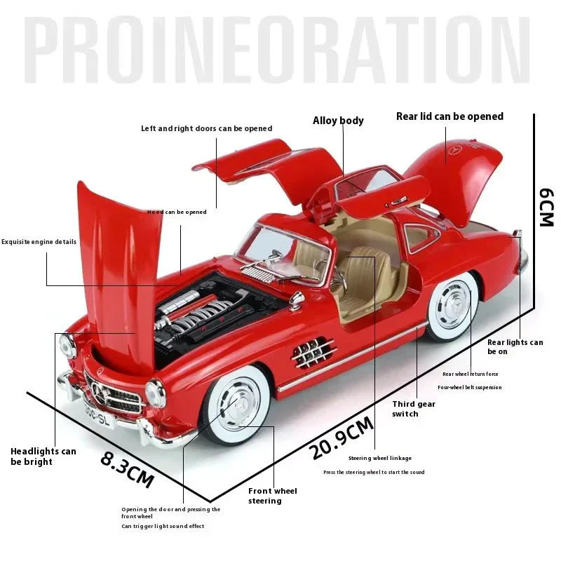 1:24 Diecast Benz 300SL Model With Acrylic Box - Red - Image 7
