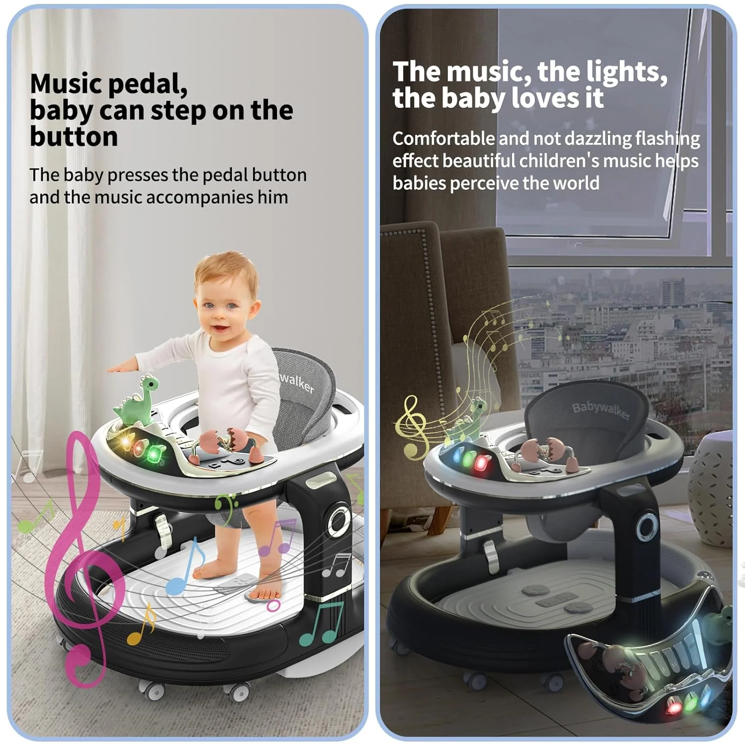 4in1 Multi-functional Baby Dino Musical Walker - Black - Image 2
