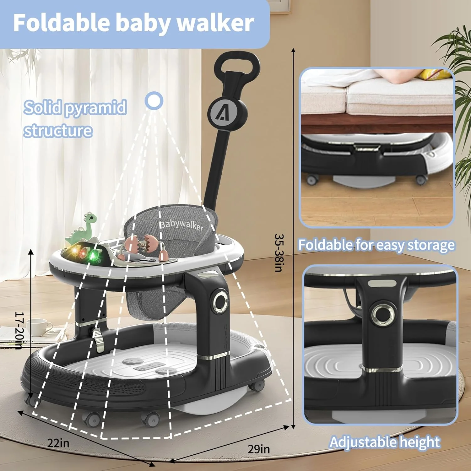 4in1 Multi-functional Baby Dino Musical Walker - Black - Image 3