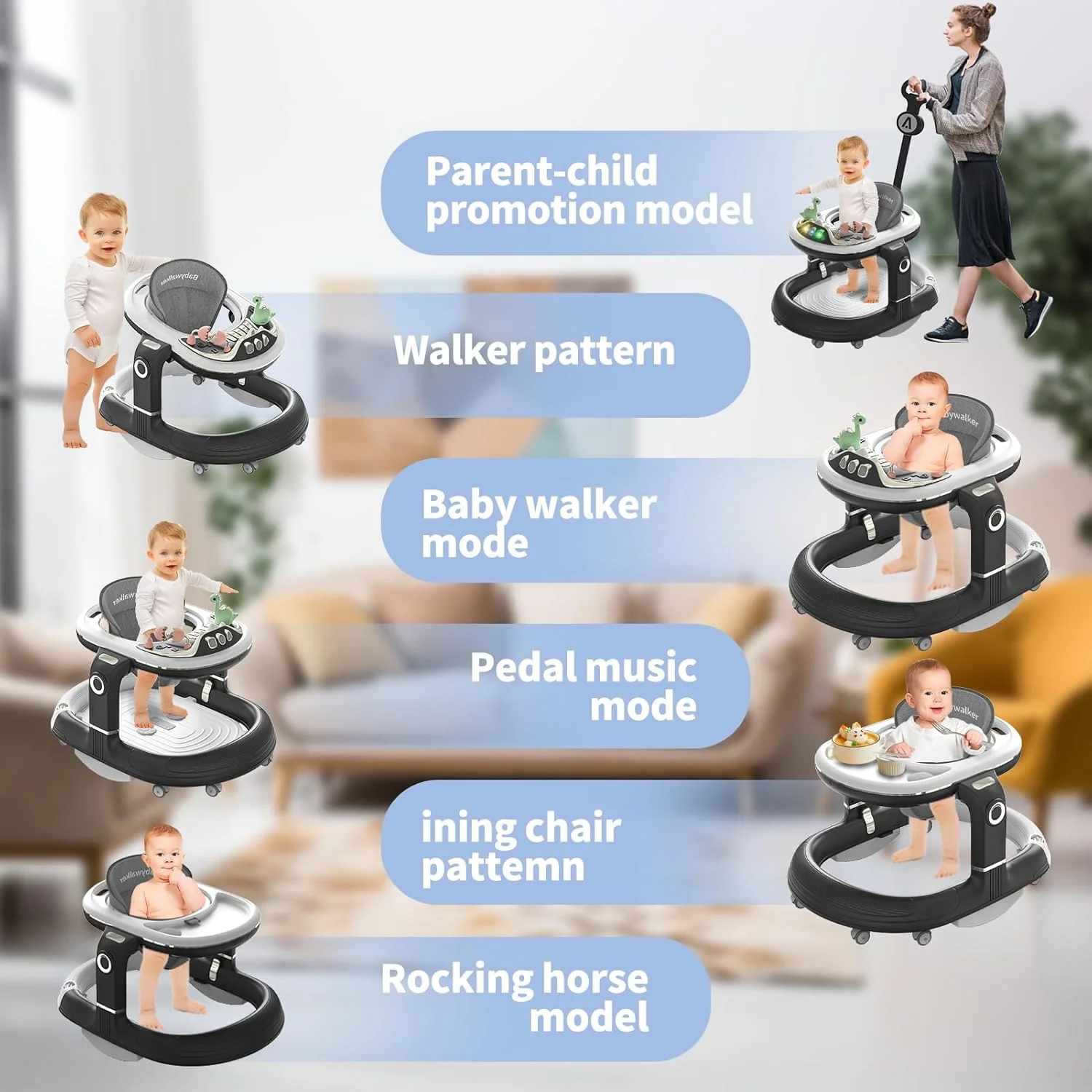4in1 Multi-functional Baby Dino Musical Walker - Black - Image 7