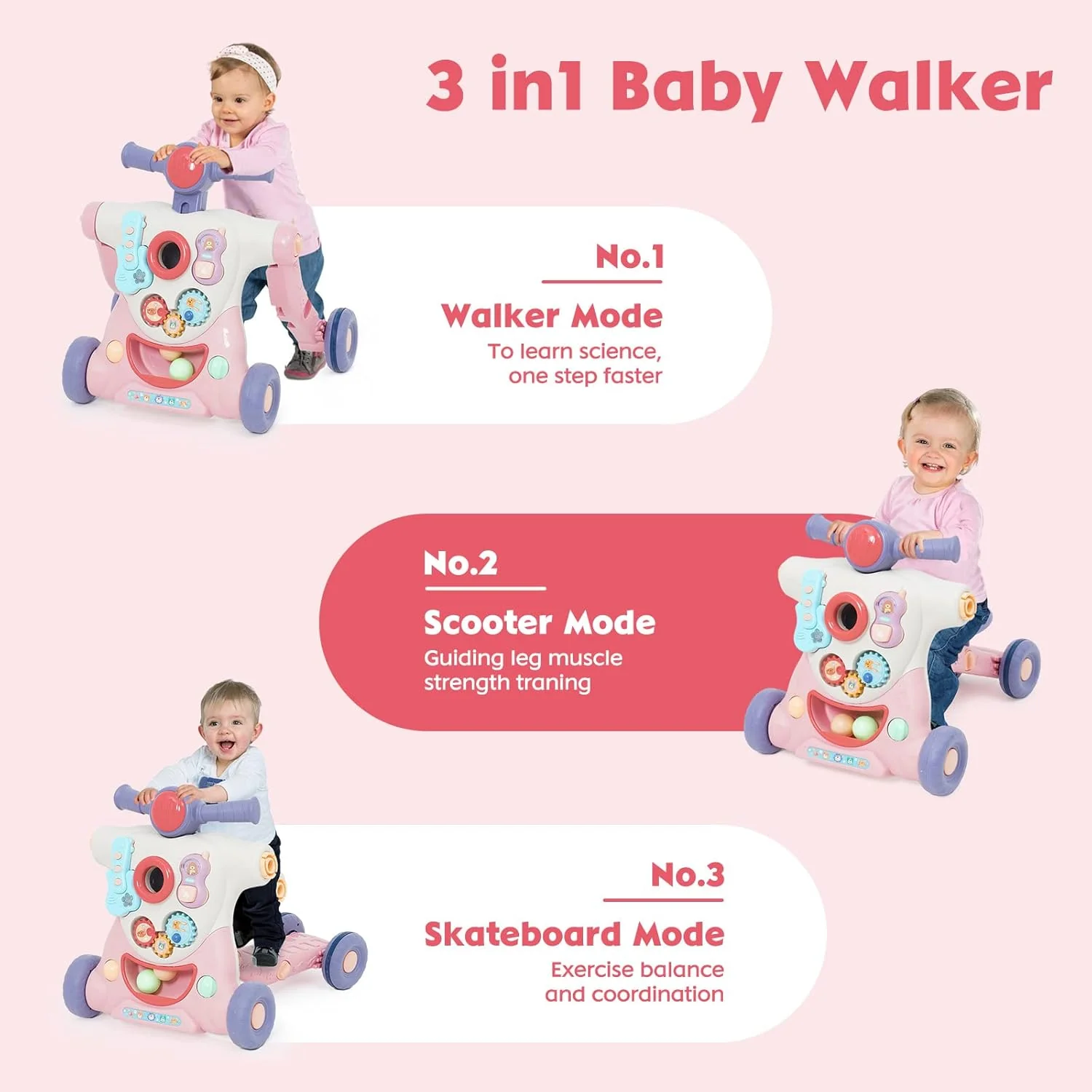 6in1 Multi-functional Baby Activity Musical Walker - Pink - Image 3