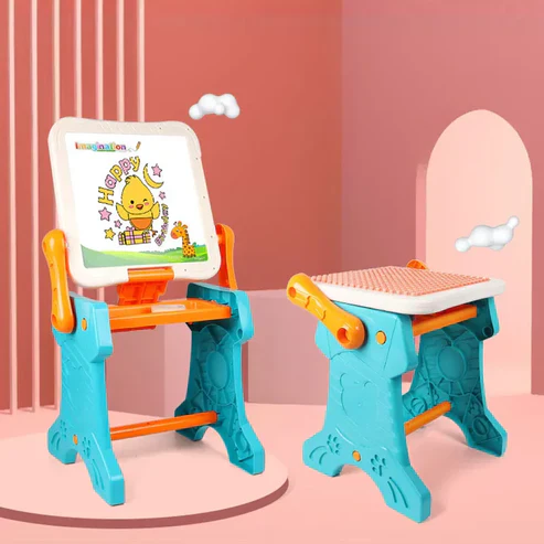 Kids 2in1 Drawing & Building Blocks Table With Stool - Image 3