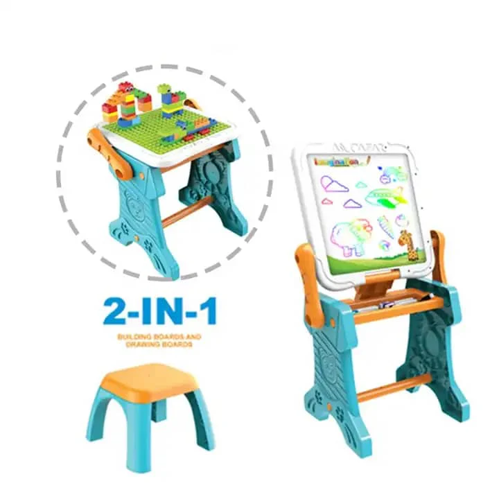 Kids 2in1 Drawing & Building Blocks Table With Stool - Image 9