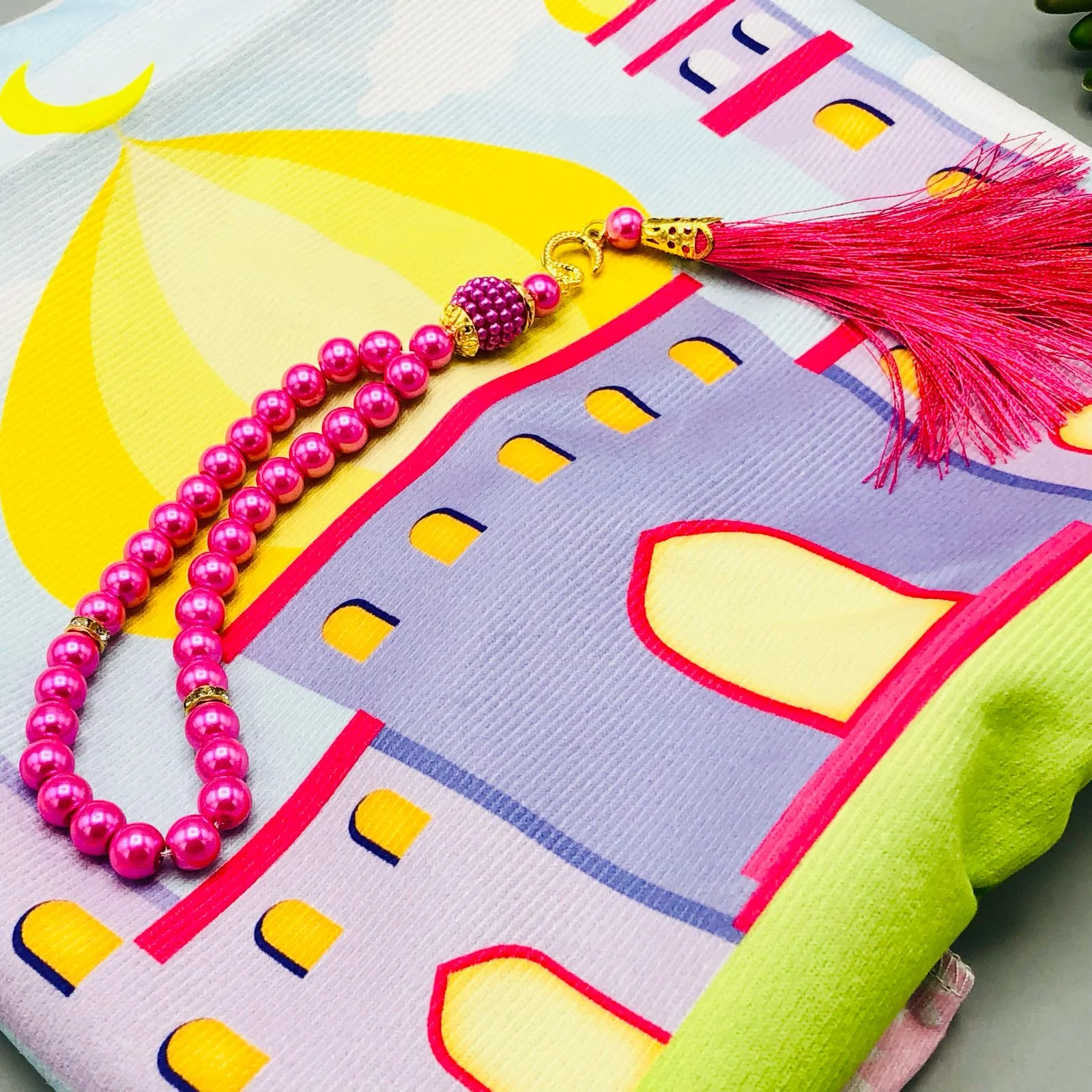 Kids Prayer Rug Mat With Prayer Beads - Pink - Image 3
