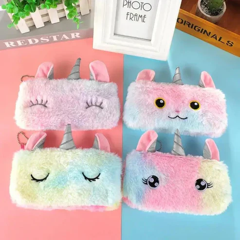 Plush Rainbow Fur Pencil Pouch - 1Pc - Image 3