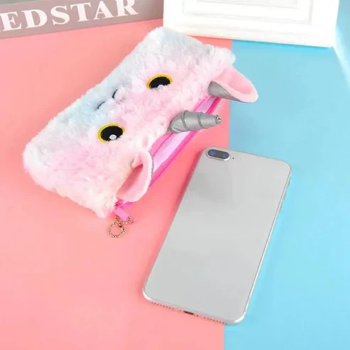 Plush Rainbow Fur Pencil Pouch - 1Pc - Image 5