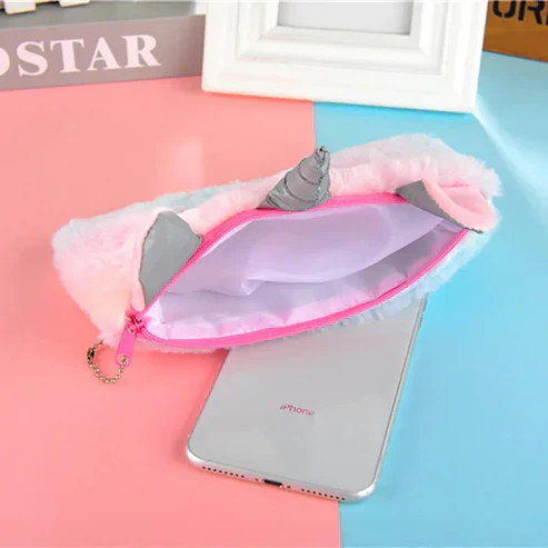 Plush Rainbow Fur Pencil Pouch - 1Pc - Image 6