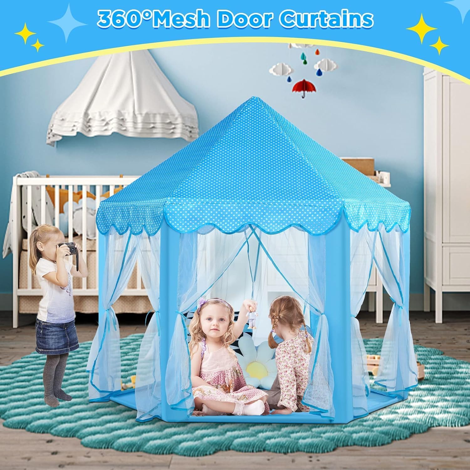 Prince Castle Play Tent House With Fairy Lights - Blue - Image 3