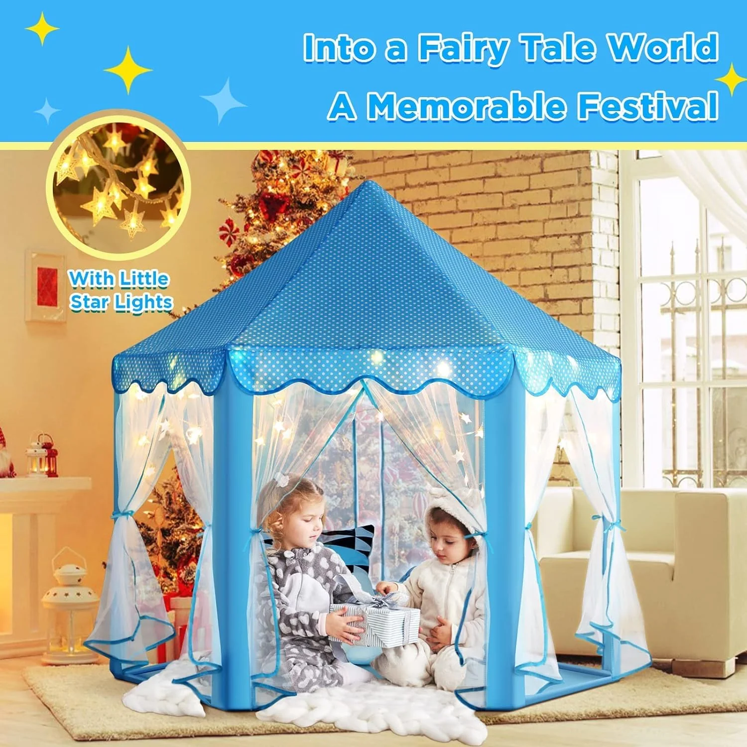 Prince Castle Play Tent House With Fairy Lights - Blue - Image 4