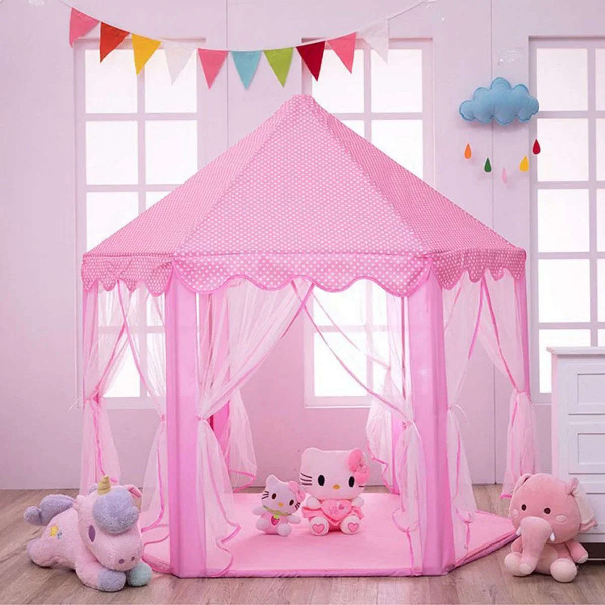 Princess Castle Play Tent House With Fairy Lights - Pink - Image 12