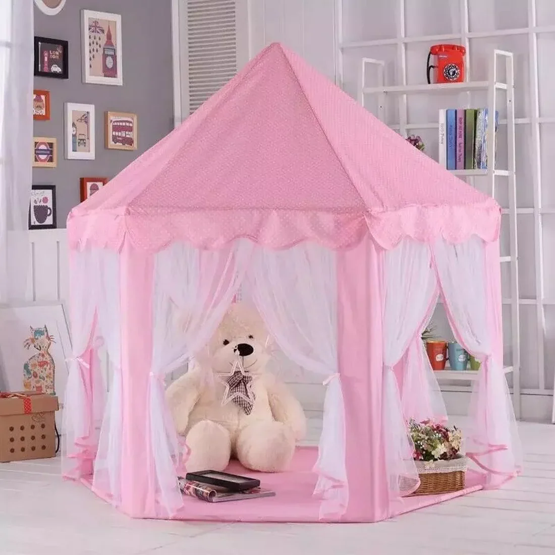 Princess Castle Play Tent House With Fairy Lights - Pink - Image 3