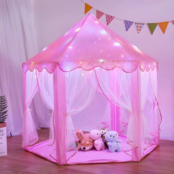 Princess Castle Play Tent House With Fairy Lights - Pink - Image 6