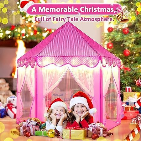 Princess Castle Play Tent House With Fairy Lights - Pink - Image 8