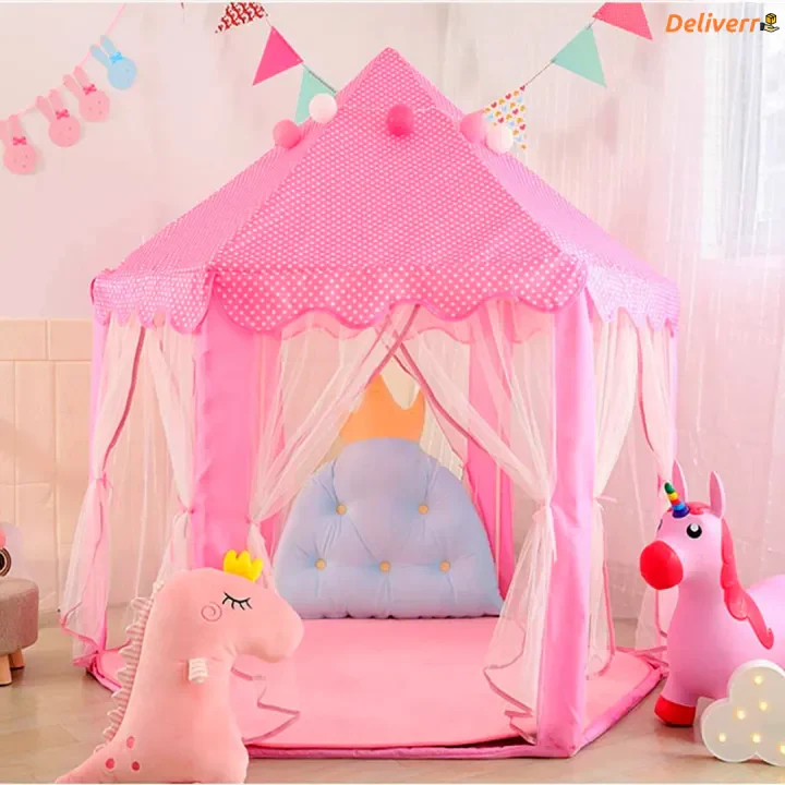 Princess Castle Play Tent House With Fairy Lights - Pink - Image 9
